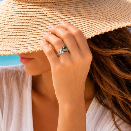Bague Argent Rhodié et Perle de Tahiti 9/10mm - Filigrane