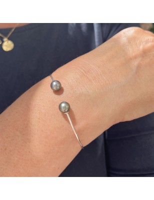 jonc en argent avec des perles de Tahiti - bracelet tahitien avec des perles