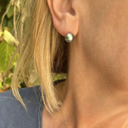 Tiareva - Perles de Tahiti Vert Lagon - 9.30mm - Boucles or 750