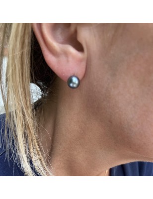 Boucles d'Oreilles Argent Rhodié Perles de Tahiti Bleues