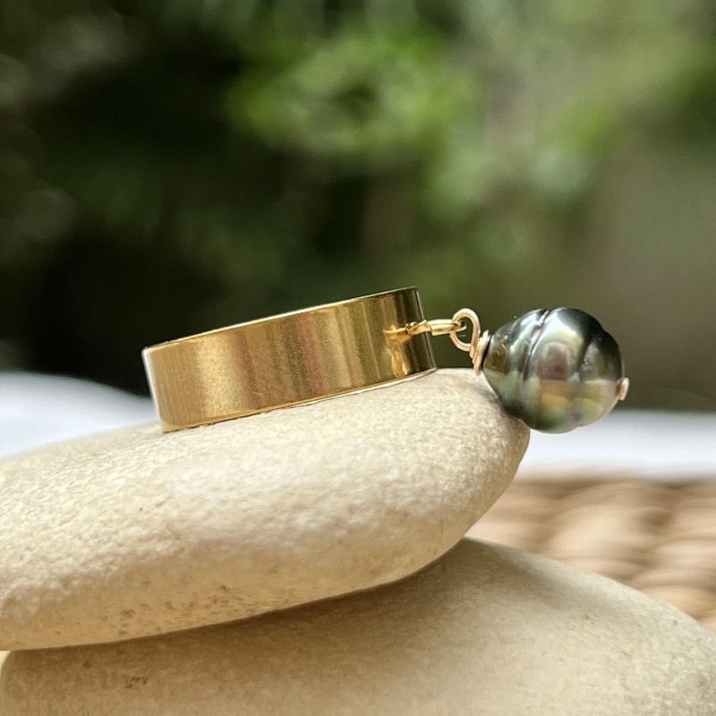 Hina - Bague Acier Doré et Perle de Tahiti Peacock