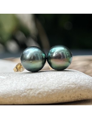 Pistachio green Tahitian pearls on gold ear studs price - earrings with pearl from Tahiti