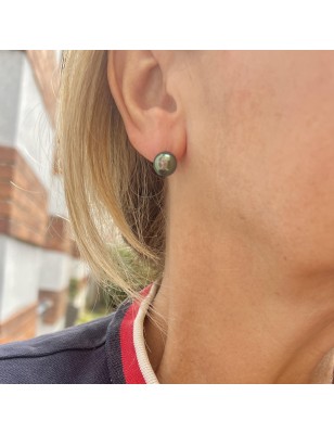Pistachio green Tahitian pearls on gold ear studs price - earrings with pearl from Tahiti
