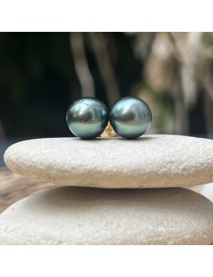 Tiareva - Boucles Oreilles Or 750 Perles de Tahiti Vert Pistache 9.77mm