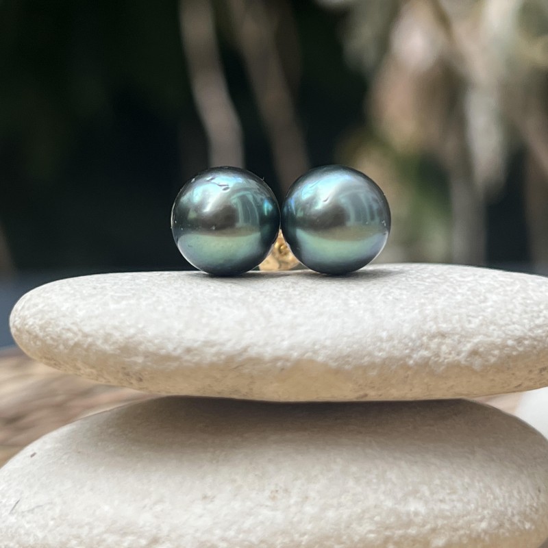 Tiareva - Boucles Oreilles Or 750 Perles de Tahiti Vert Pistache 9.77mm