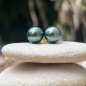 Tiareva - Boucles Oreilles Or 750 Perles de Tahiti Vert Pistache 9.77mm