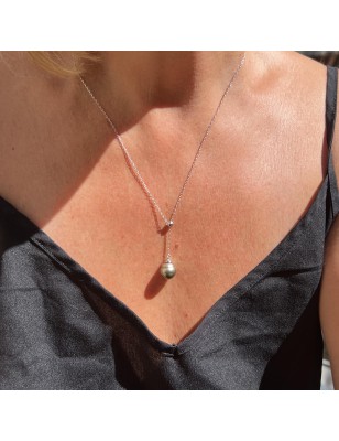 Y-Halskette aus rhodiniertem Silber mit lindgrüner Tahiti-Perle