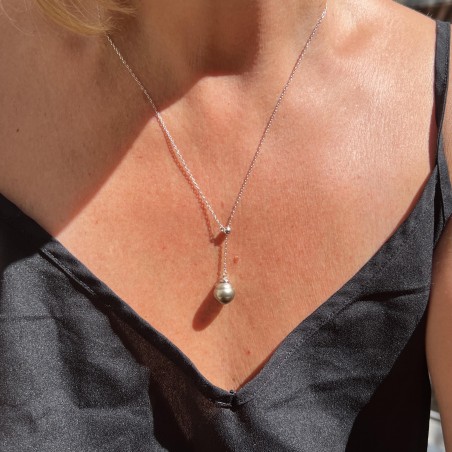 Y-Halskette aus rhodiniertem Silber mit lindgrüner Tahiti-Perle
