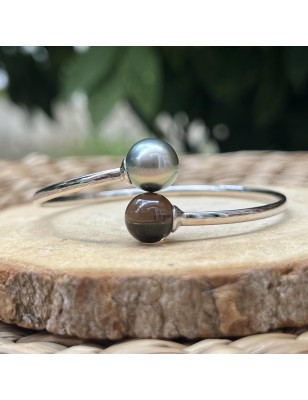 Jonc Argent Rhodié - Perle de Tahiti 11.11mm - Quartz Fumé