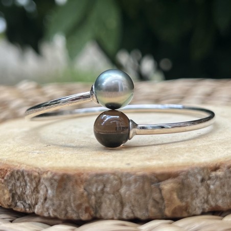 Brazalete de plata rodiada - Perla de Tahití de 11,11 mm - Cuarzo ahumado